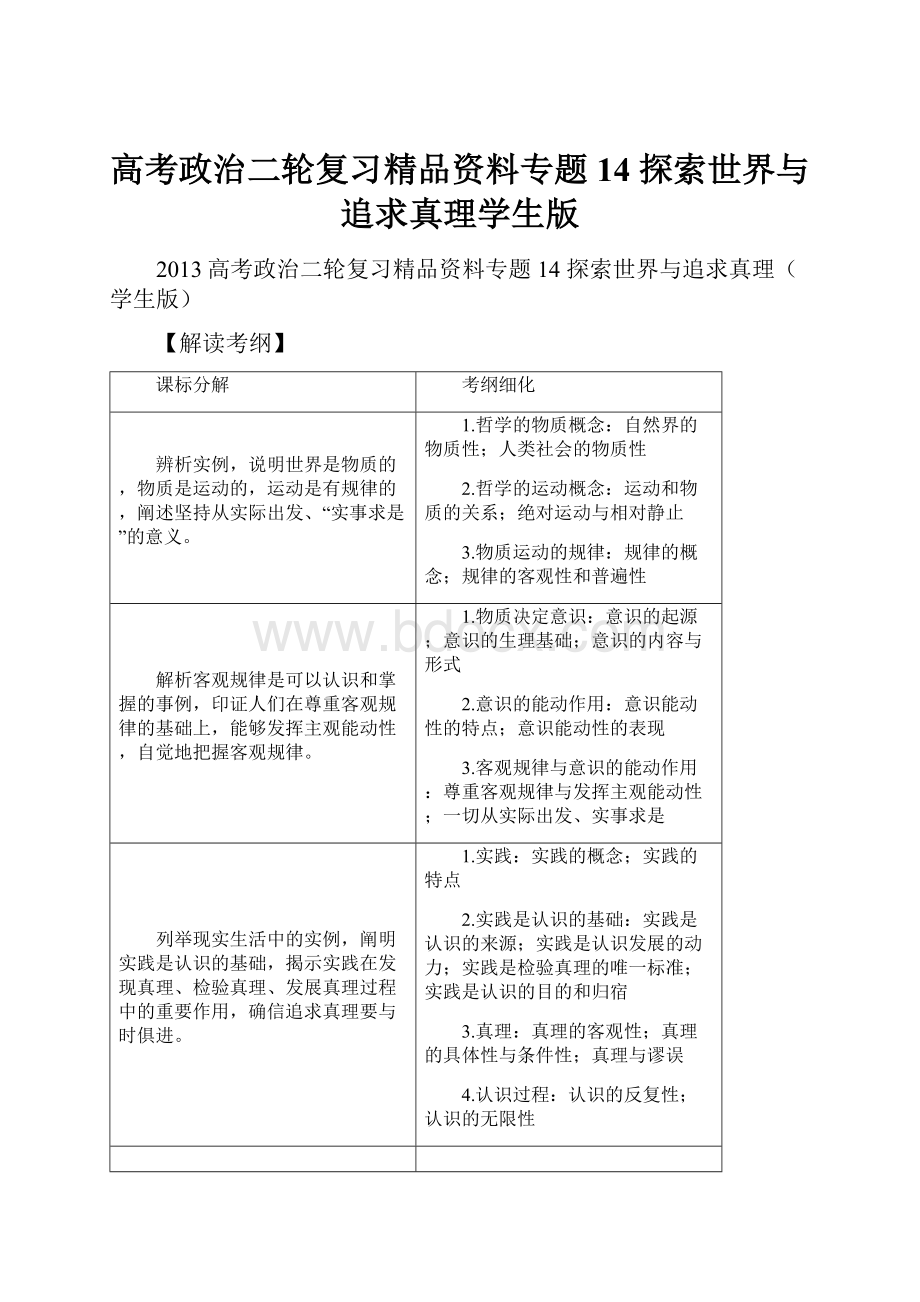 高考政治二轮复习精品资料专题14 探索世界与追求真理学生版.docx