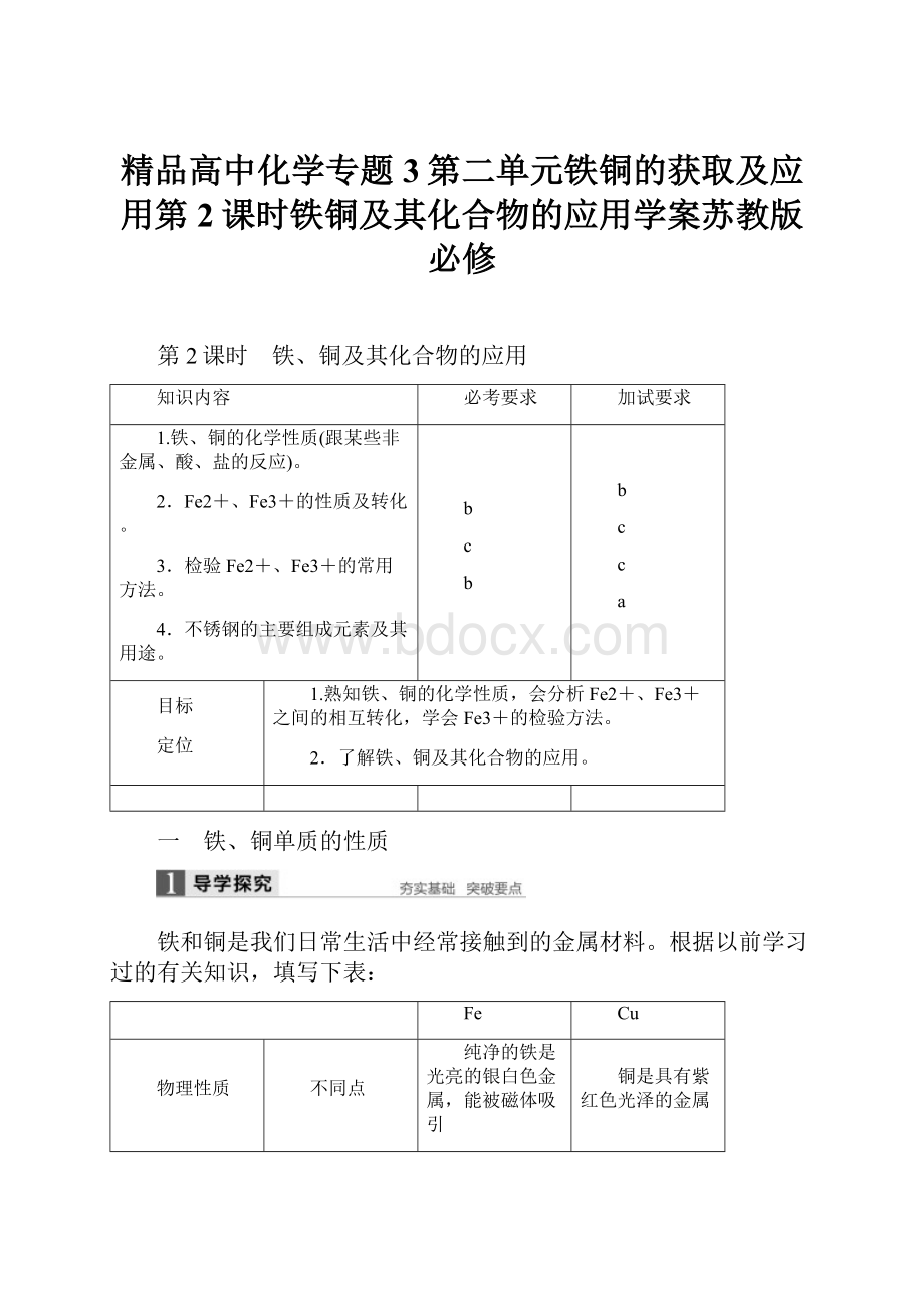 精品高中化学专题3第二单元铁铜的获取及应用第2课时铁铜及其化合物的应用学案苏教版必修.docx