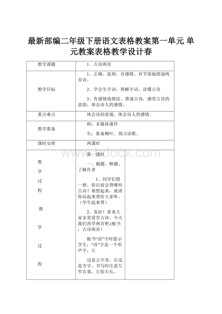 最新部编二年级下册语文表格教案第一单元 单元教案表格教学设计春.docx_第1页