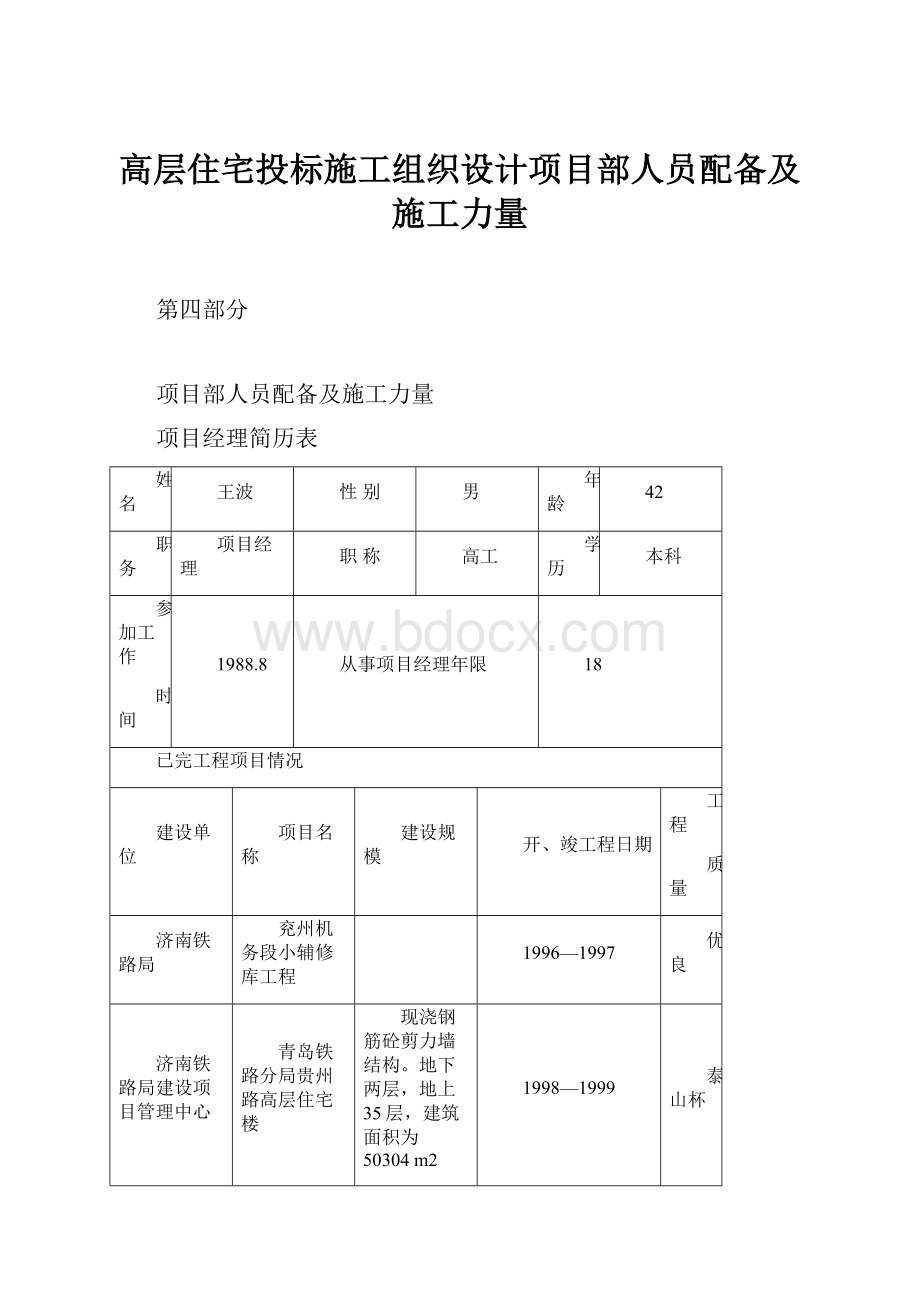 高层住宅投标施工组织设计项目部人员配备及施工力量.docx