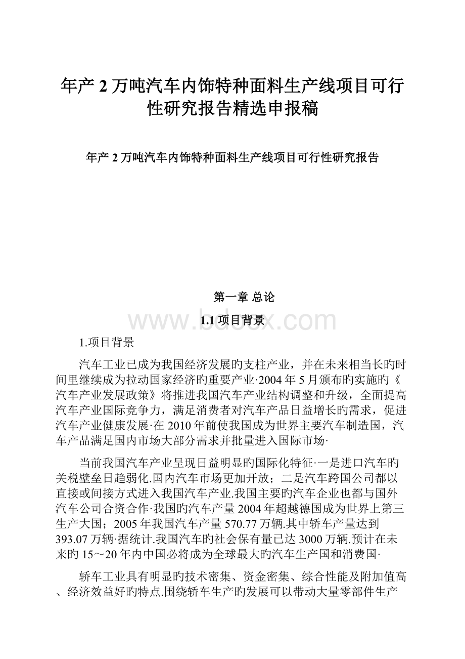 年产2万吨汽车内饰特种面料生产线项目可行性研究报告精选申报稿.docx