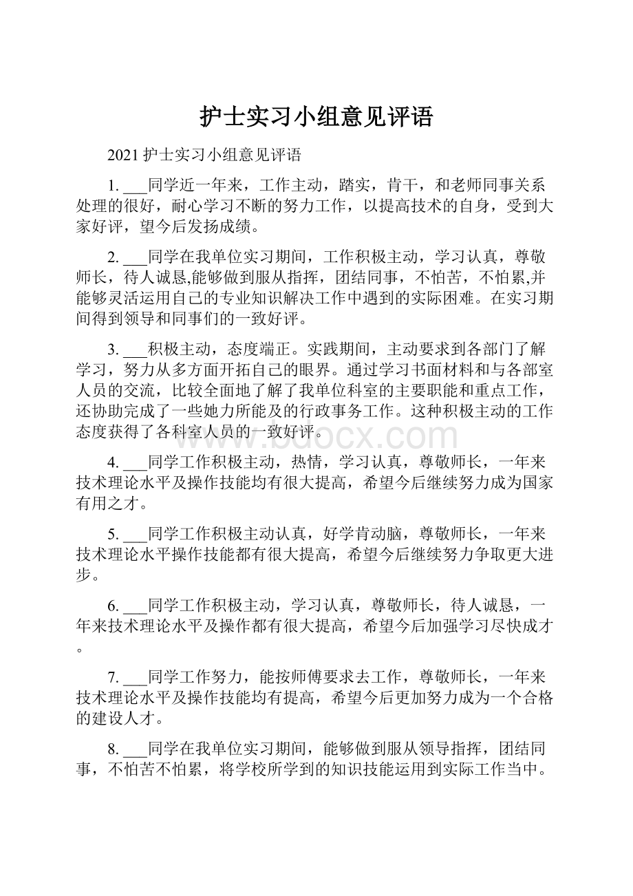 护士实习小组意见评语.docx