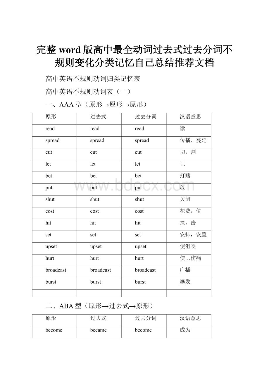 完整word版高中最全动词过去式过去分词不规则变化分类记忆自己总结推荐文档.docx