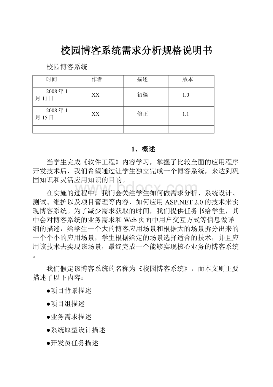 校园博客系统需求分析规格说明书.docx_第1页