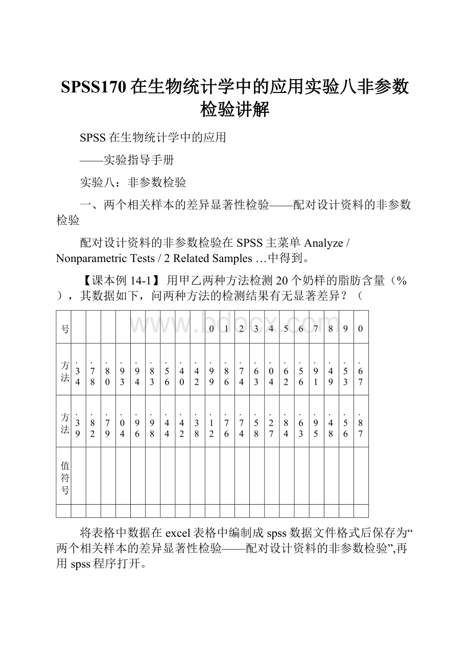 SPSS170在生物统计学中的应用实验八非参数检验讲解.docx_第1页