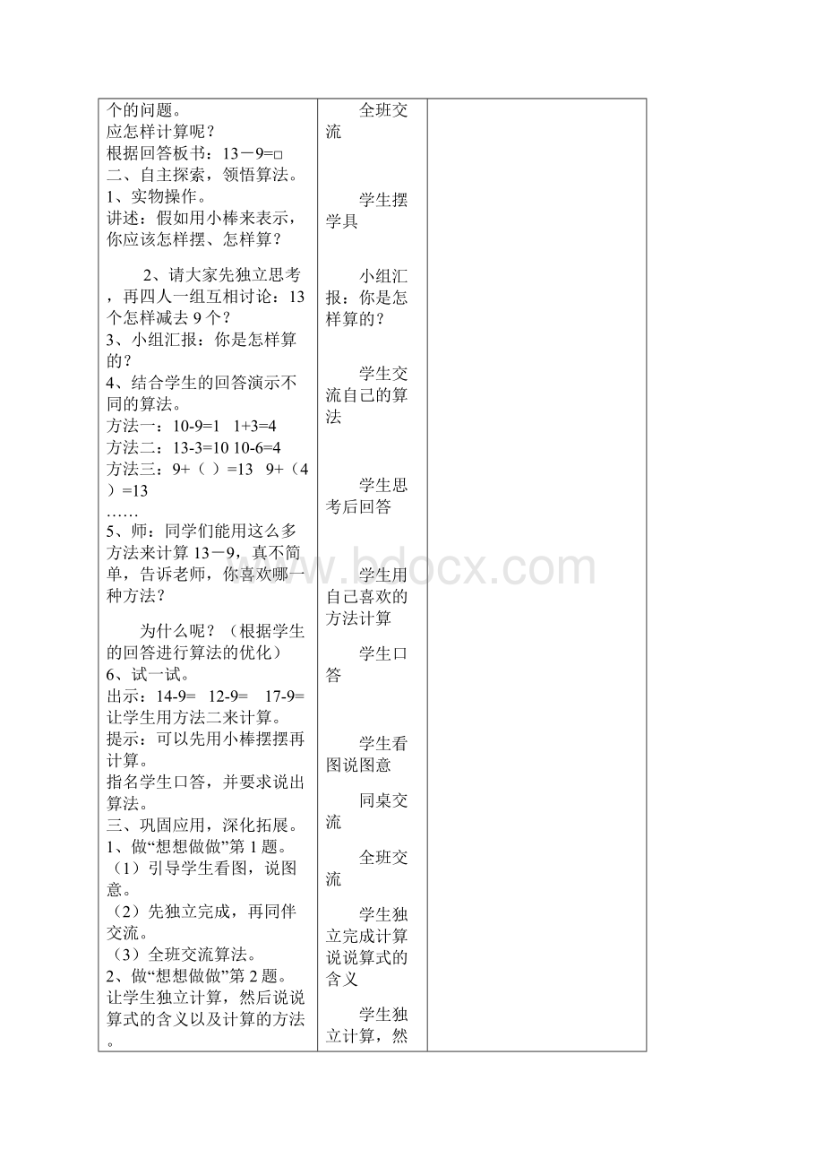 苏教版一年级数学下册表格式备课第一单元第一到五课时1.docx_第2页