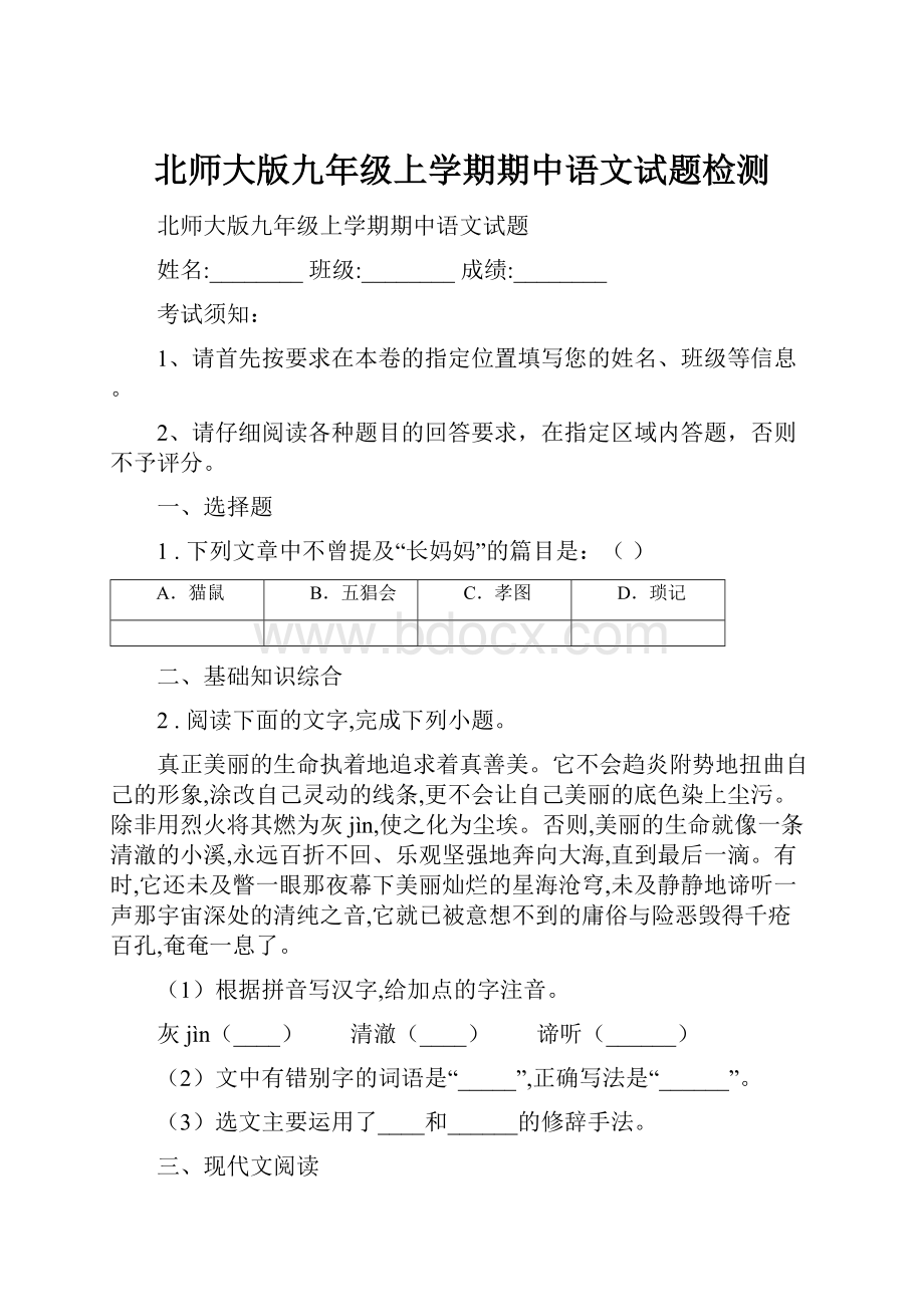 北师大版九年级上学期期中语文试题检测.docx