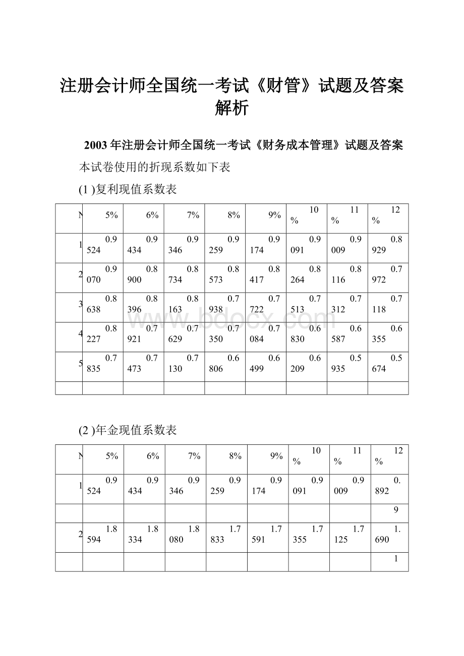 注册会计师全国统一考试《财管》试题及答案解析.docx_第1页