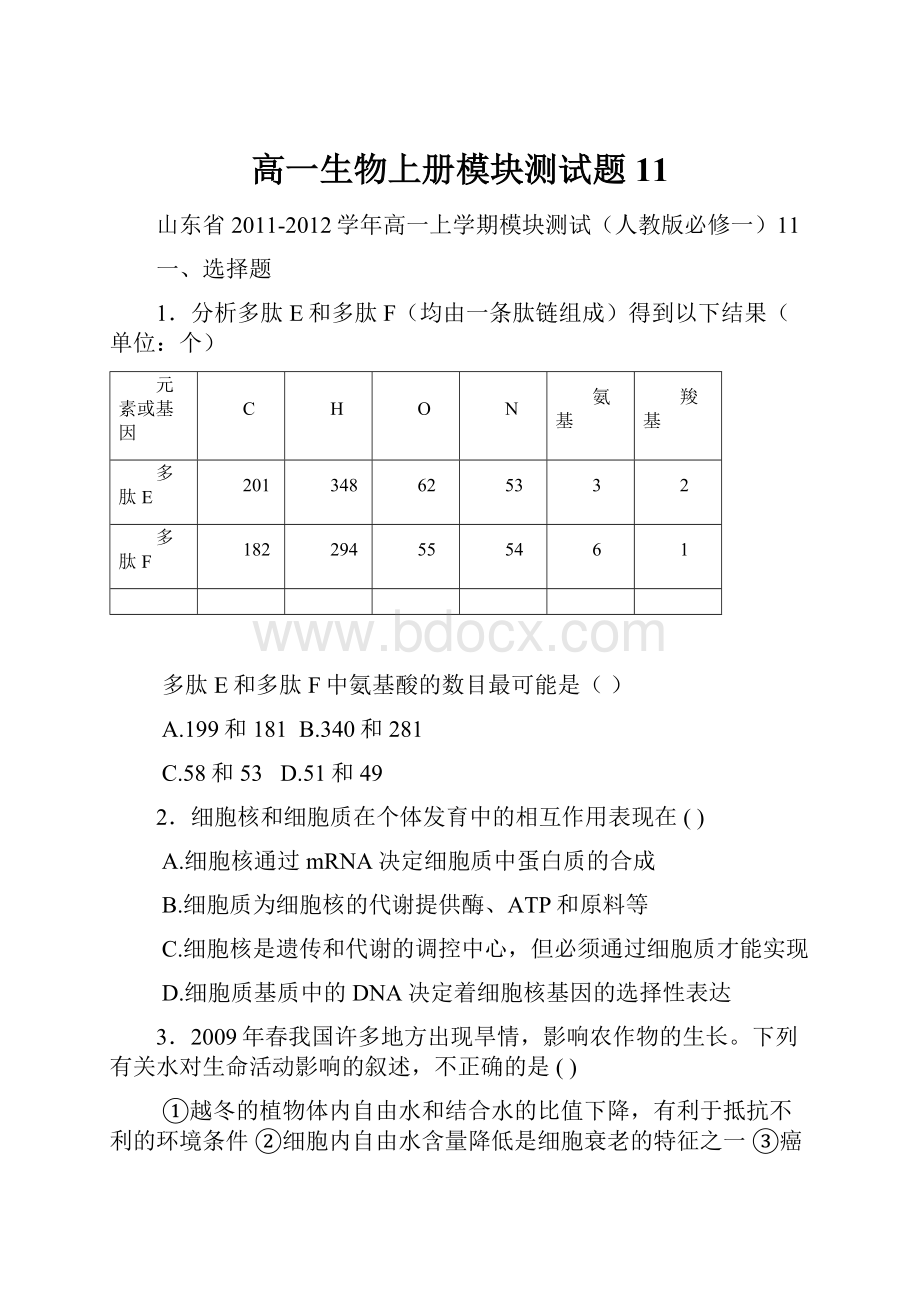 高一生物上册模块测试题11.docx