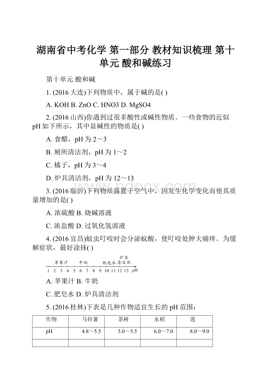 湖南省中考化学 第一部分 教材知识梳理 第十单元 酸和碱练习.docx