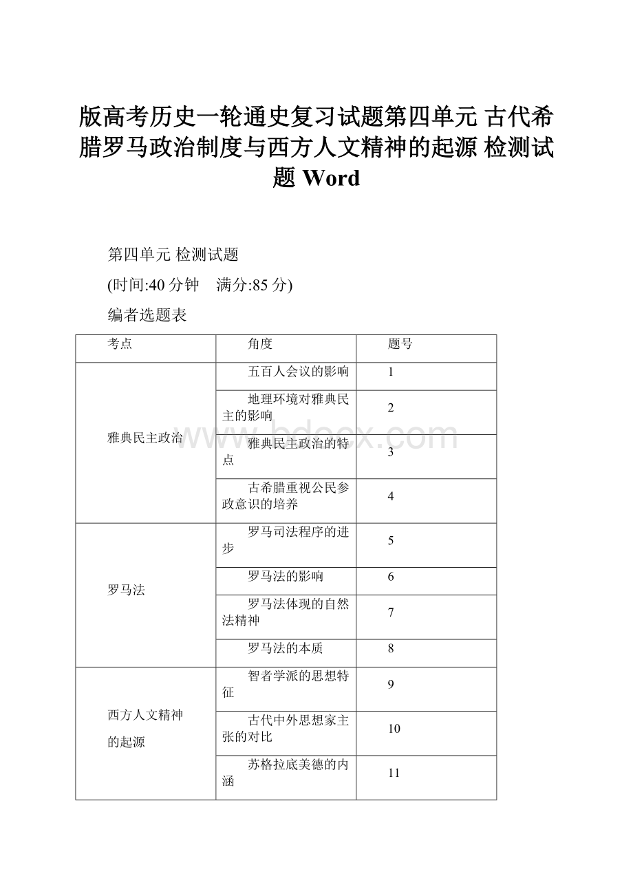 版高考历史一轮通史复习试题第四单元 古代希腊罗马政治制度与西方人文精神的起源 检测试题 Word.docx