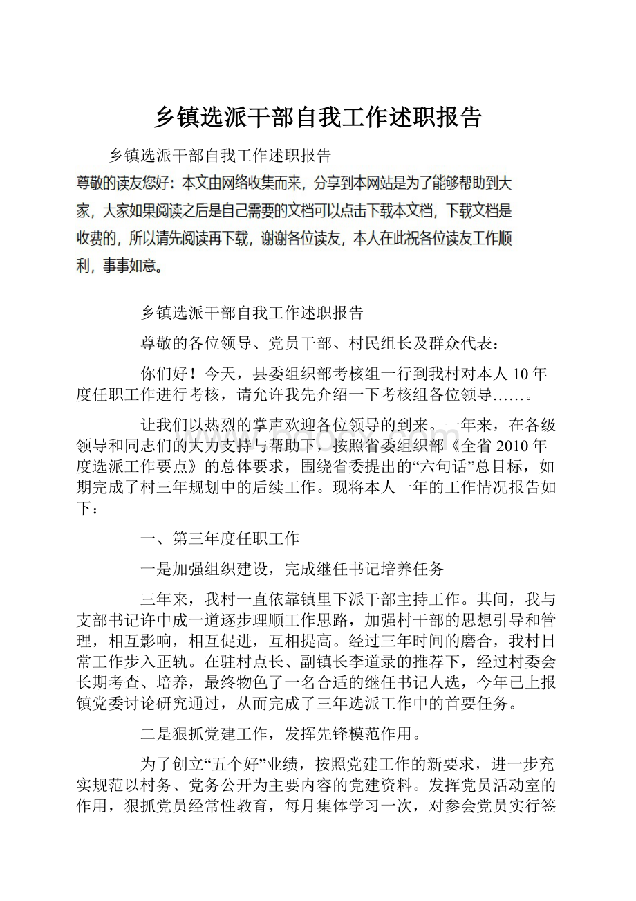 乡镇选派干部自我工作述职报告.docx