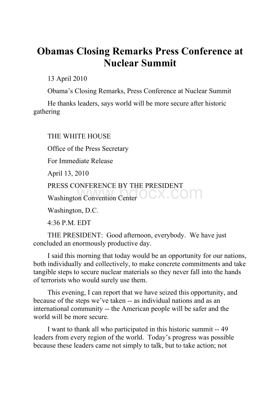 Obamas Closing Remarks Press Conference at Nuclear Summit.docx