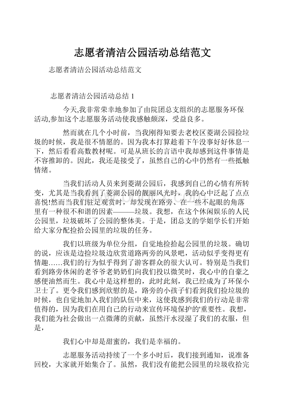 志愿者清洁公园活动总结范文.docx