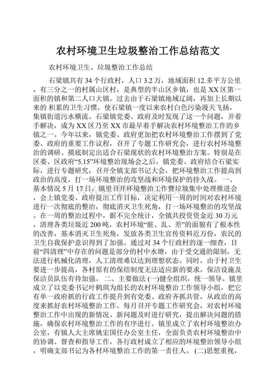 农村环境卫生垃圾整治工作总结范文.docx