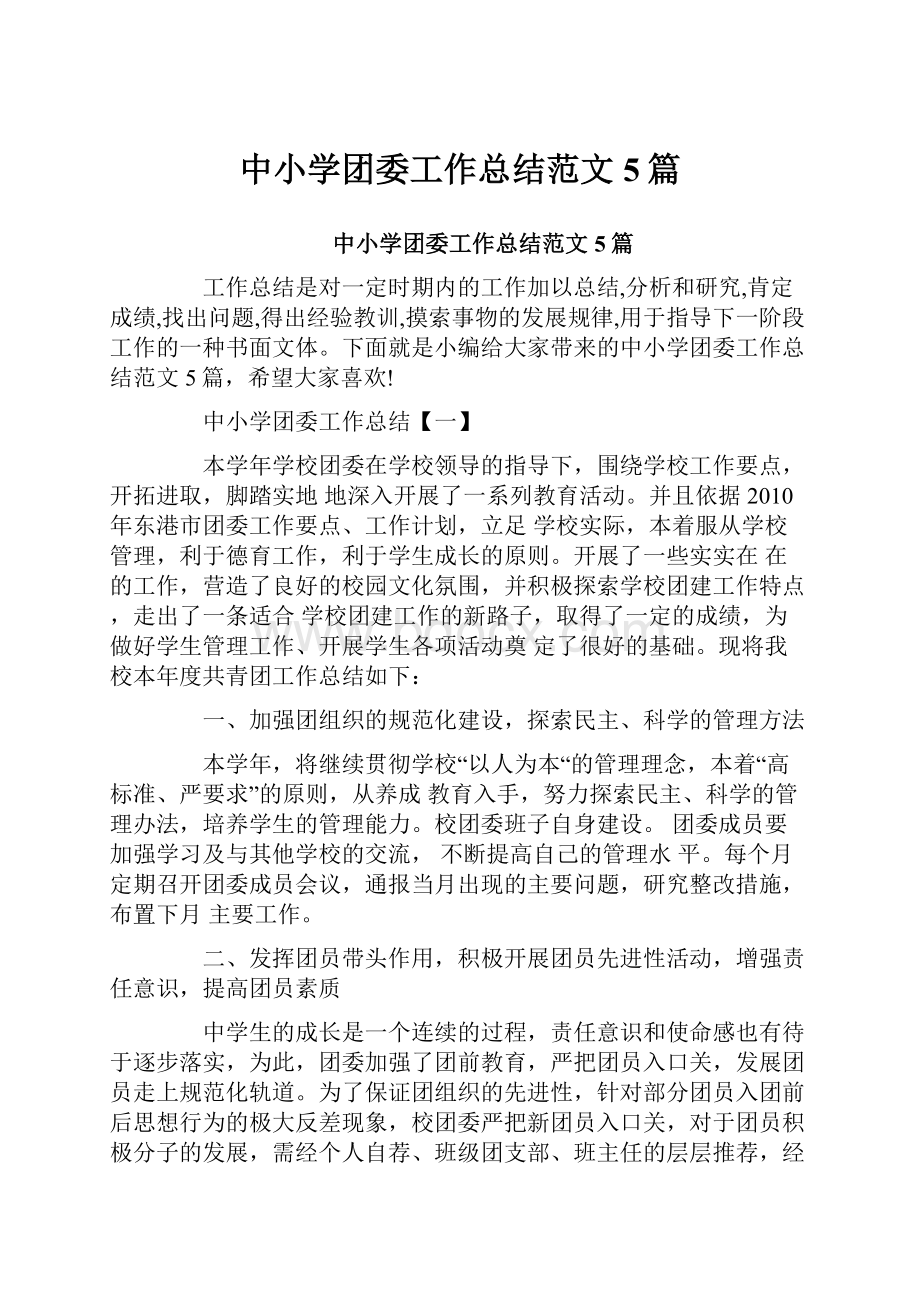 中小学团委工作总结范文5篇.docx