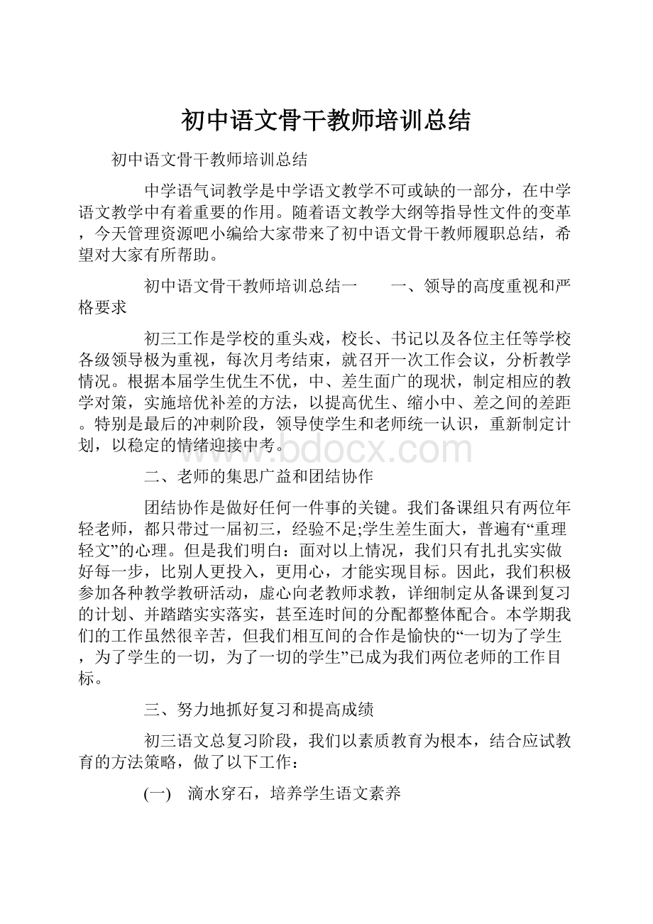 初中语文骨干教师培训总结.docx