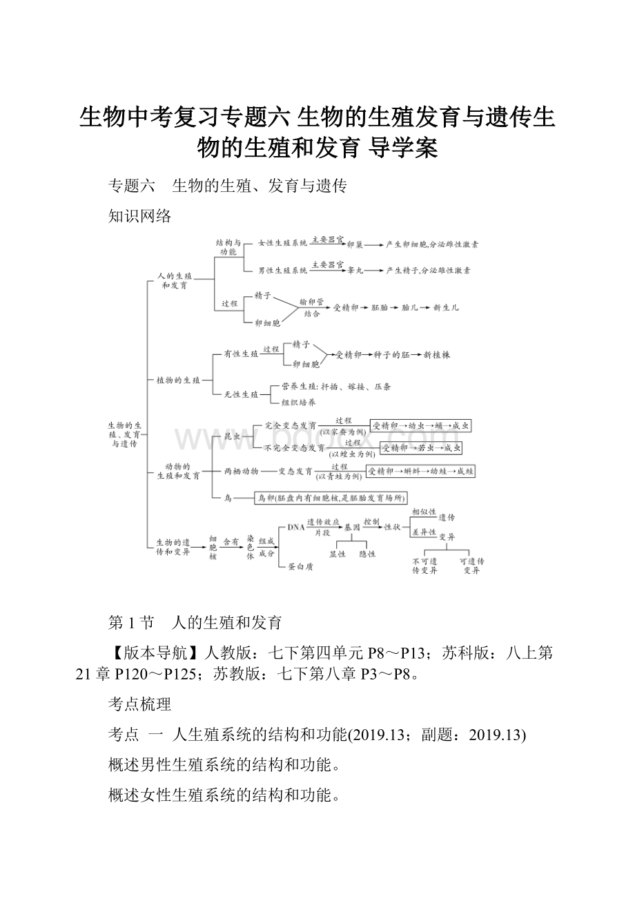 生物中考复习专题六 生物的生殖发育与遗传生物的生殖和发育 导学案.docx