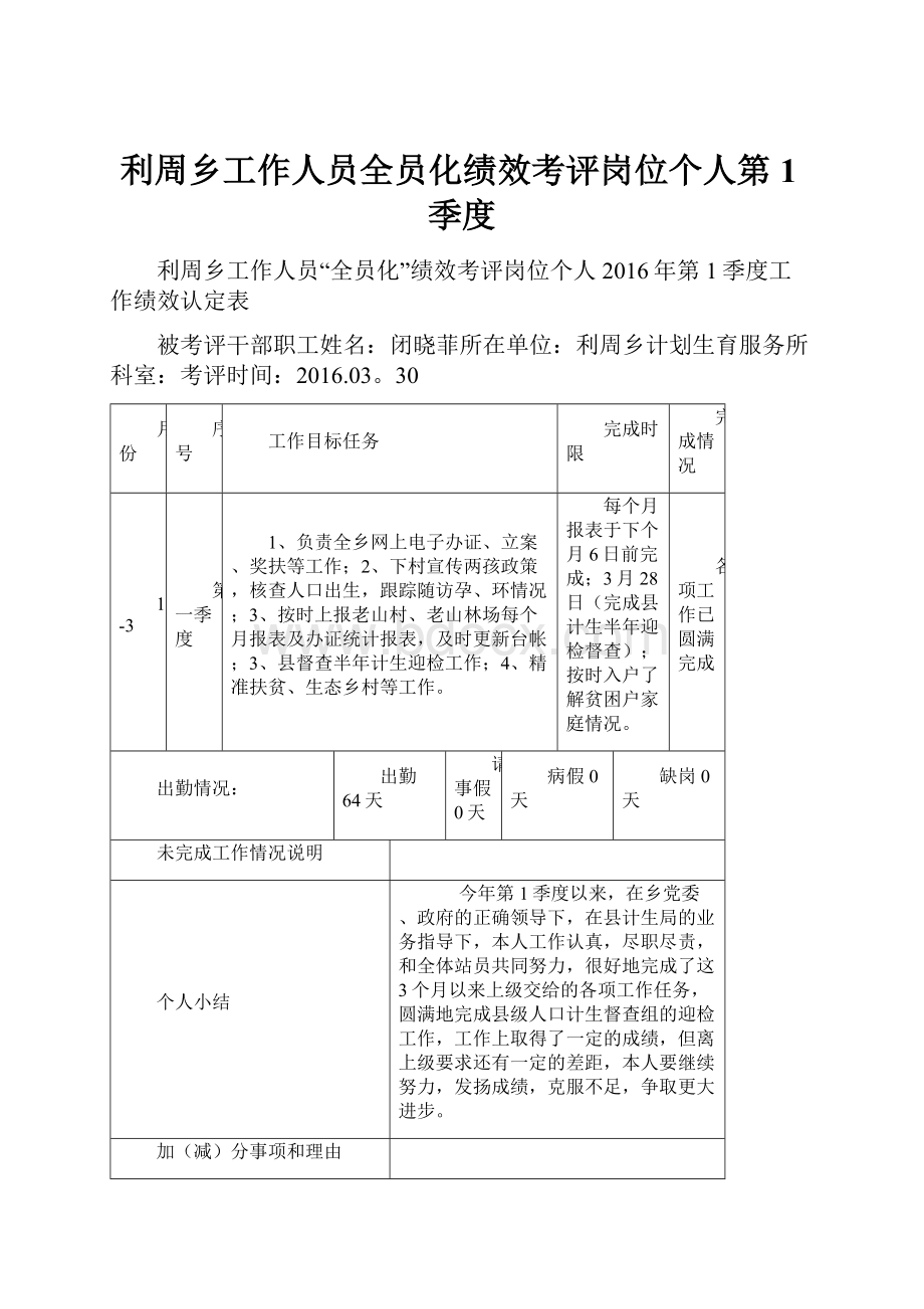 利周乡工作人员全员化绩效考评岗位个人第1季度.docx_第1页