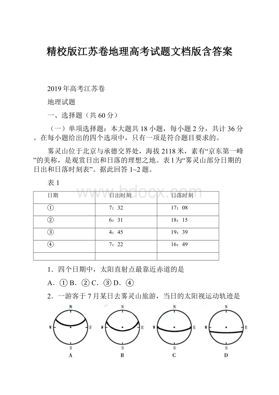 精校版江苏卷地理高考试题文档版含答案.docx