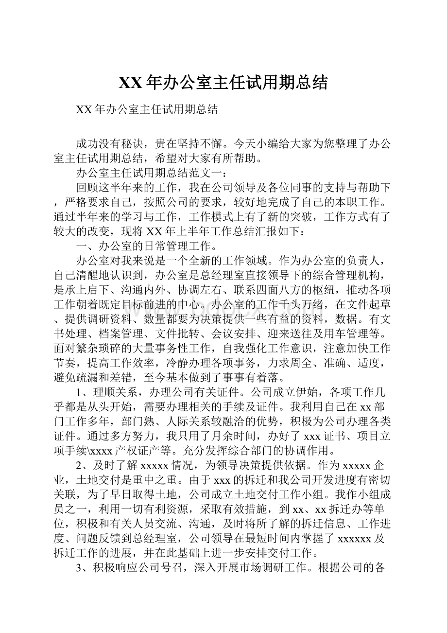 XX年办公室主任试用期总结.docx