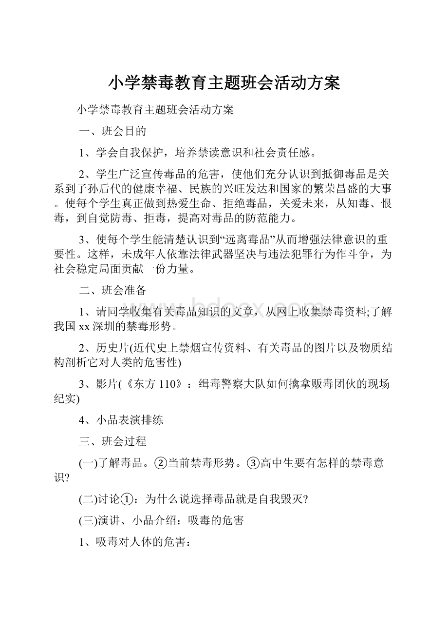 小学禁毒教育主题班会活动方案.docx