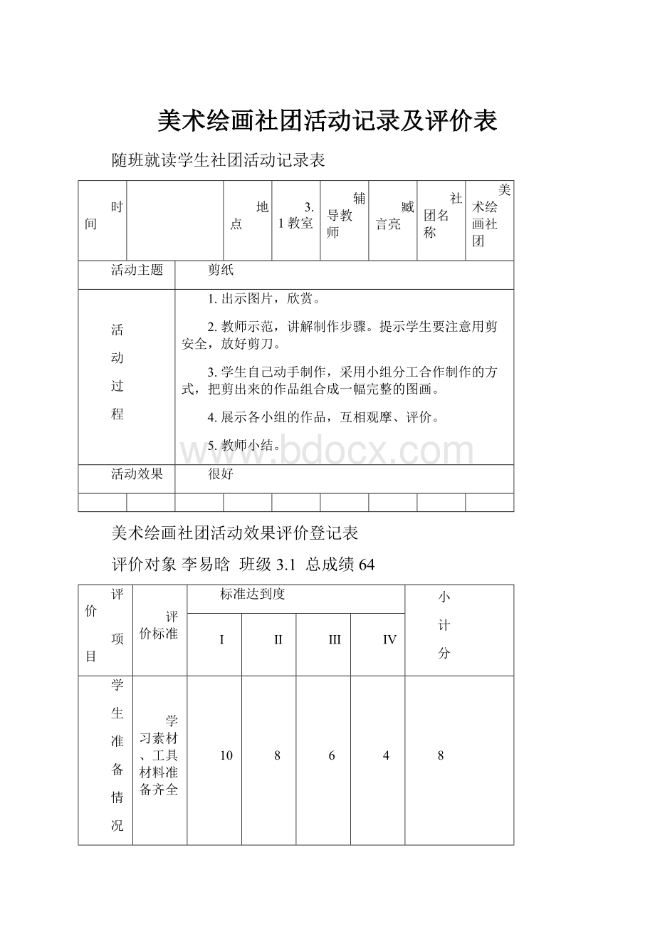 美术绘画社团活动记录及评价表.docx_第1页