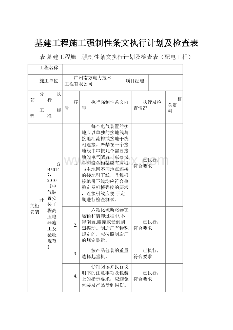 基建工程施工强制性条文执行计划及检查表.docx