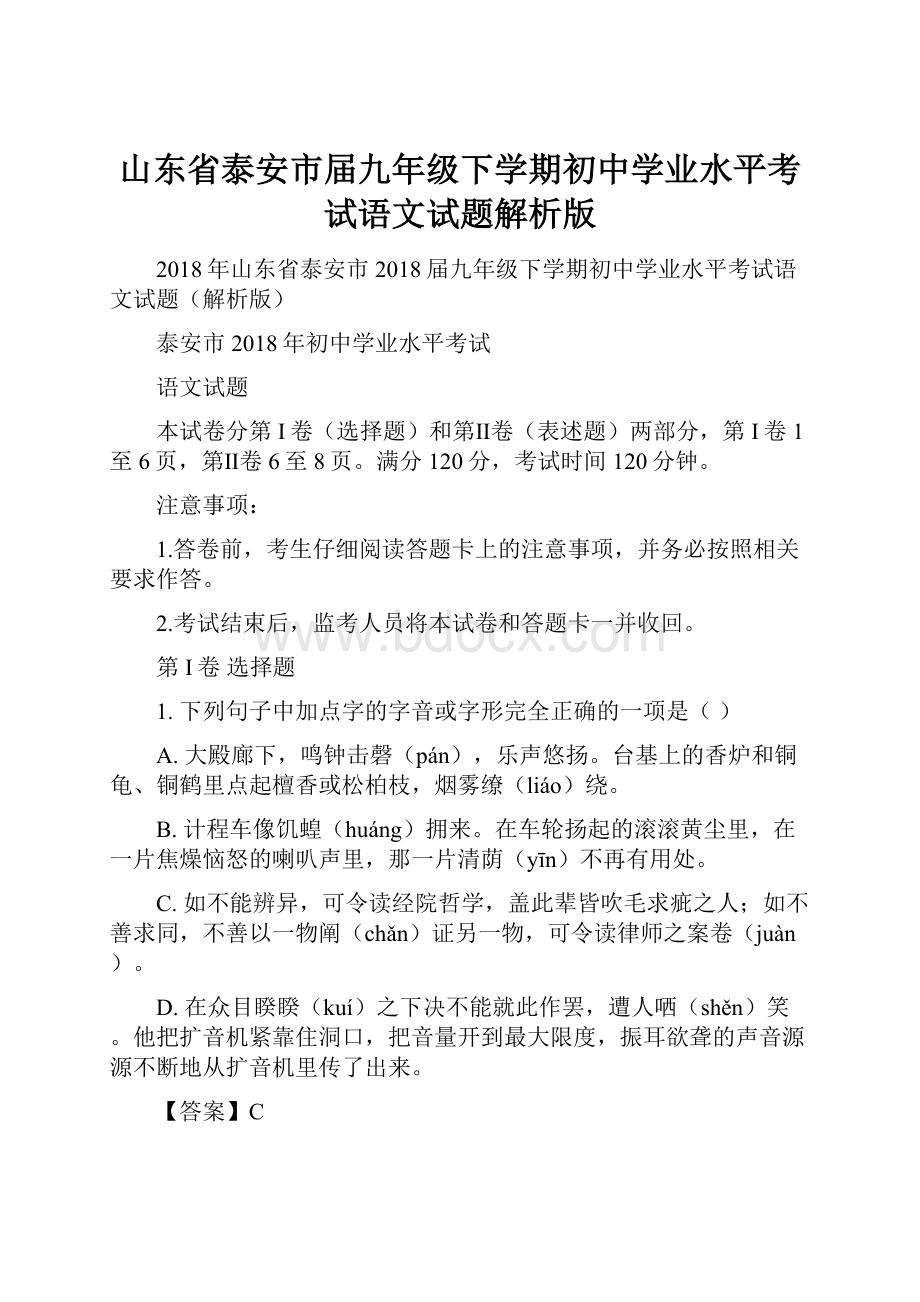 山东省泰安市届九年级下学期初中学业水平考试语文试题解析版.docx