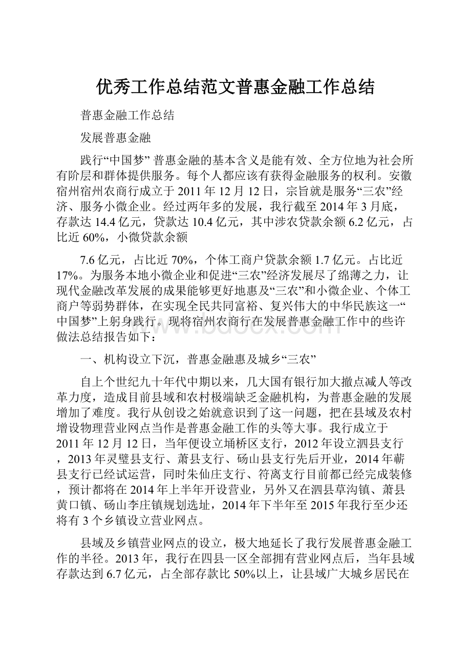 优秀工作总结范文普惠金融工作总结.docx