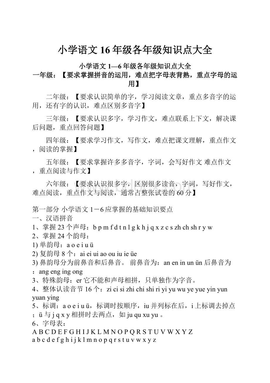 小学语文16年级各年级知识点大全.docx