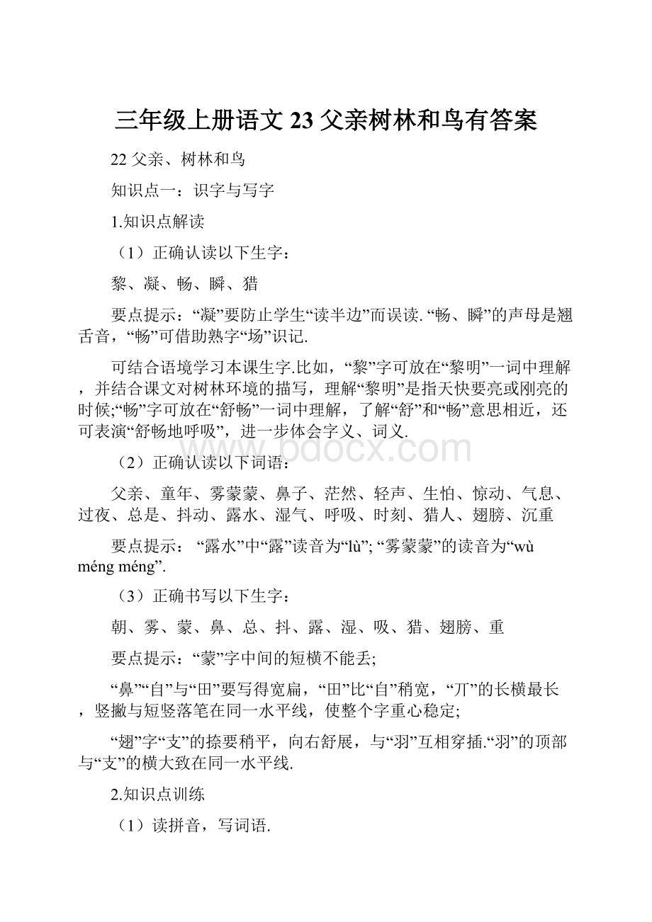 三年级上册语文23 父亲树林和鸟有答案.docx