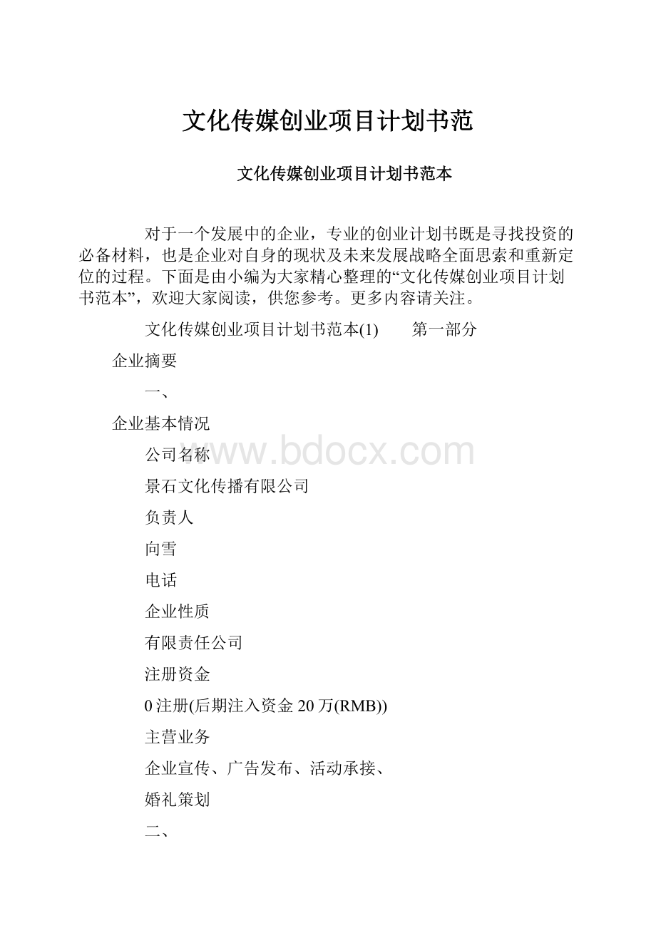 文化传媒创业项目计划书范.docx