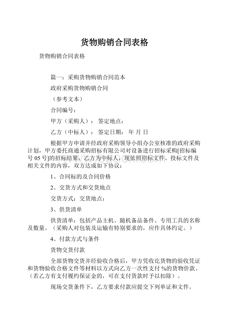 货物购销合同表格.docx_第1页