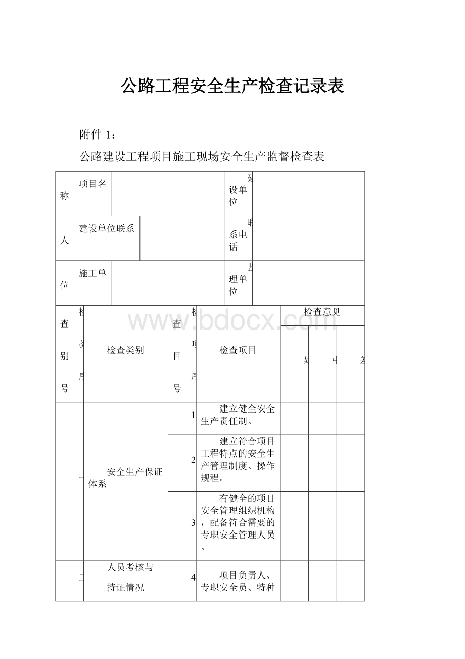 公路工程安全生产检查记录表.docx_第1页