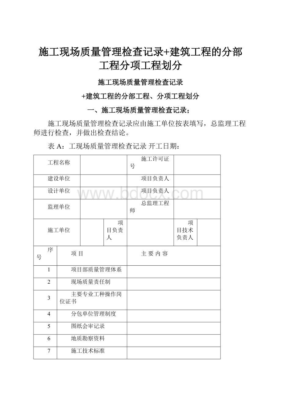 施工现场质量管理检查记录+建筑工程的分部工程分项工程划分.docx