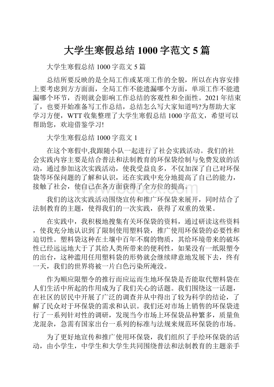 大学生寒假总结1000字范文5篇.docx