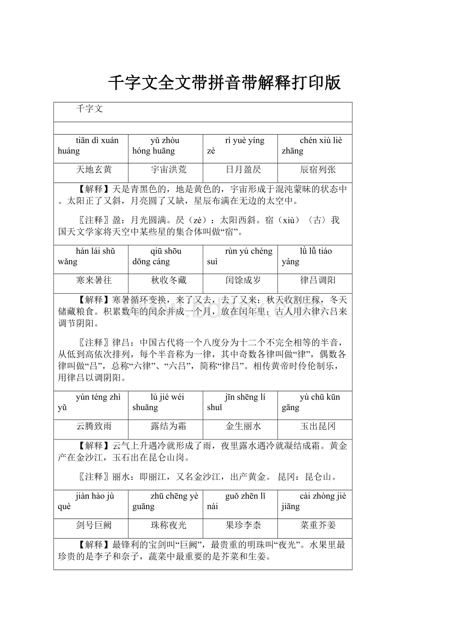 千字文全文带拼音带解释打印版.docx