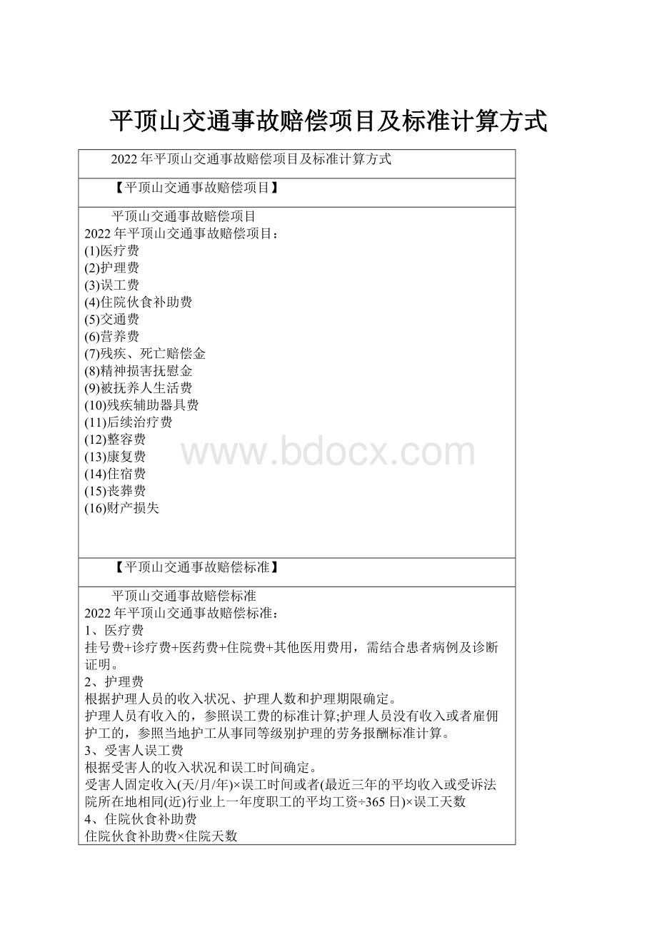 平顶山交通事故赔偿项目及标准计算方式.docx