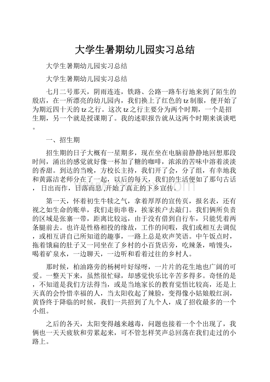 大学生暑期幼儿园实习总结.docx