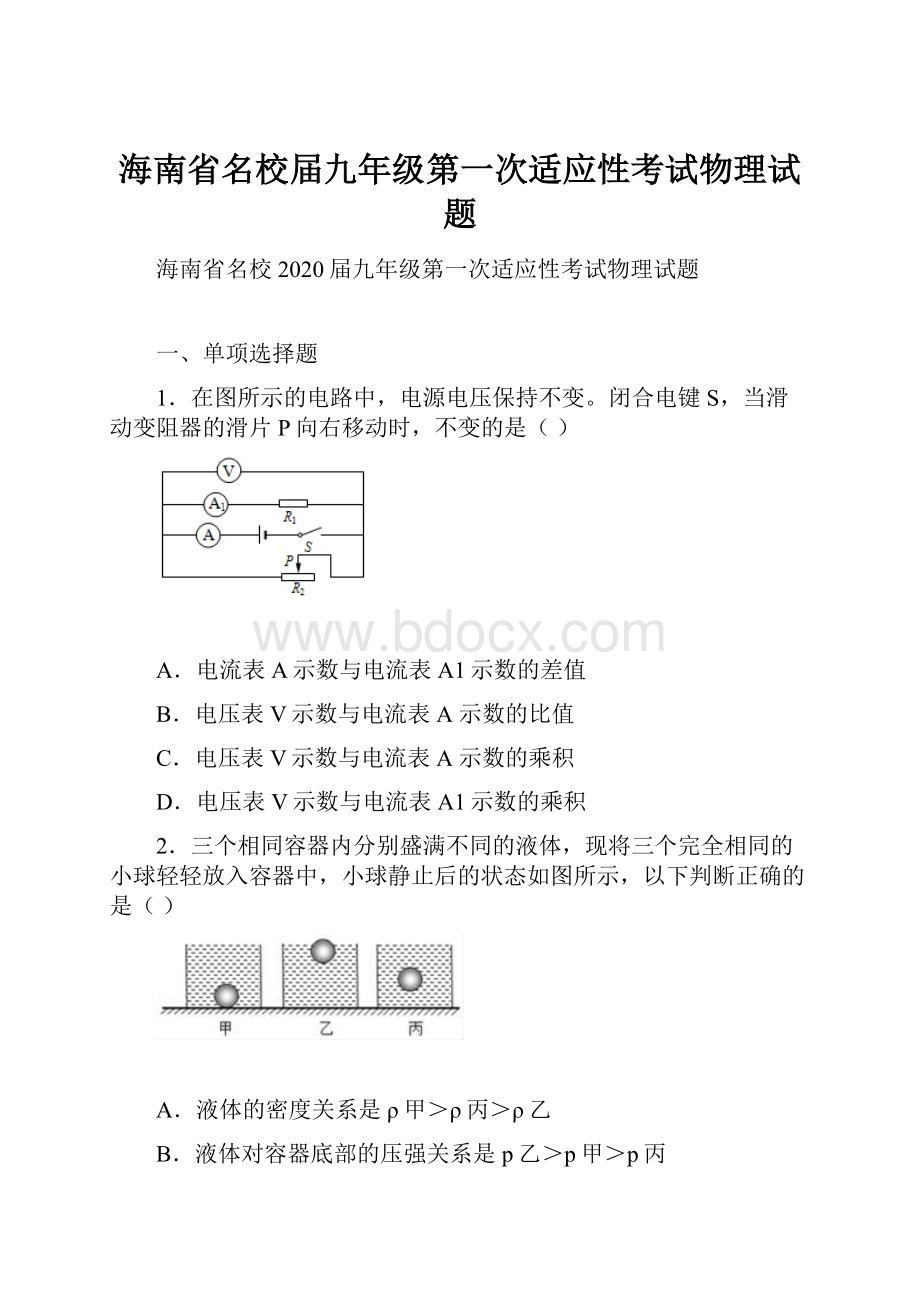 海南省名校届九年级第一次适应性考试物理试题.docx