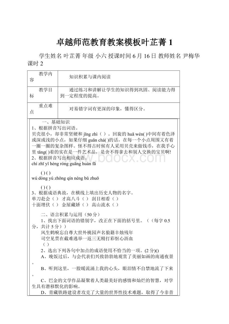 卓越师范教育教案模板叶芷菁 1.docx_第1页