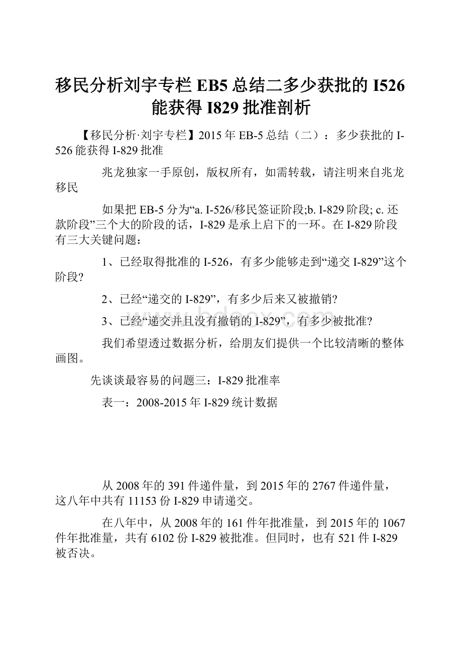 移民分析刘宇专栏EB5总结二多少获批的I526能获得I829批准剖析.docx