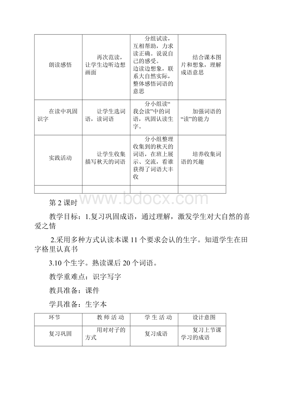 人教版小学语文二年级上册第一到六单元表格式教案全册.docx_第2页