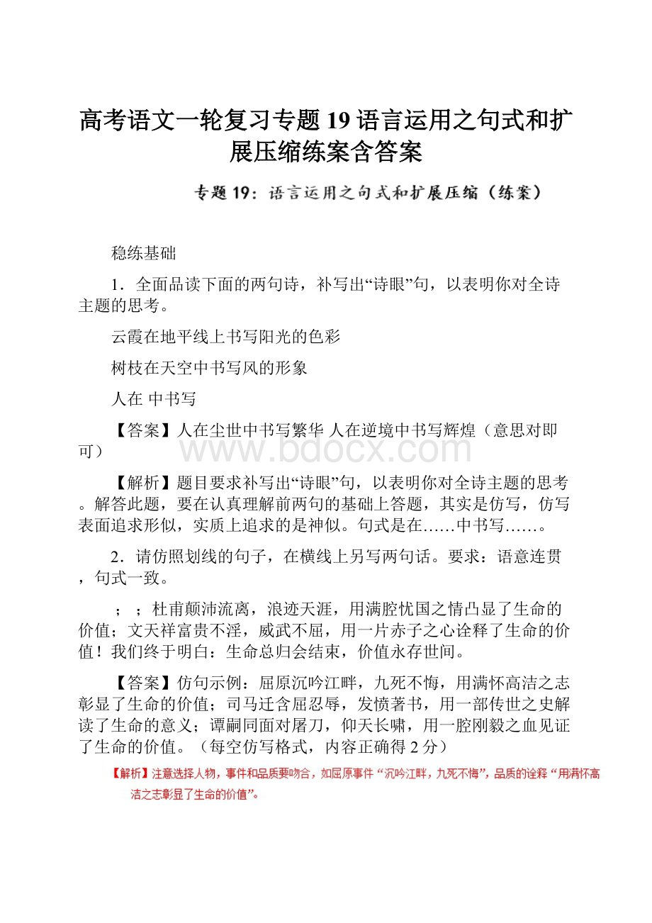 高考语文一轮复习专题19语言运用之句式和扩展压缩练案含答案.docx