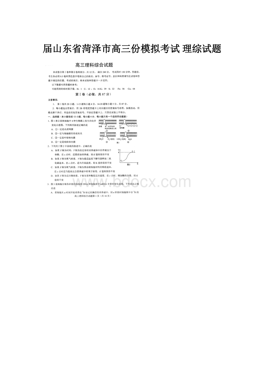 届山东省菏泽市高三份模拟考试 理综试题.docx_第1页