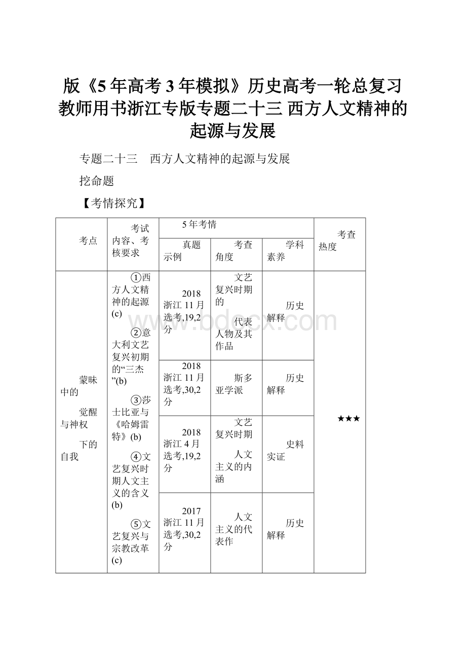 版《5年高考3年模拟》历史高考一轮总复习教师用书浙江专版专题二十三 西方人文精神的起源与发展.docx