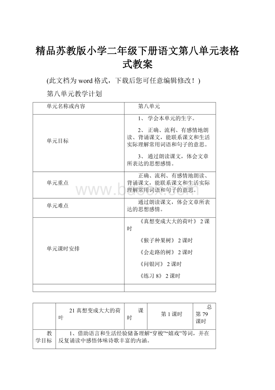 精品苏教版小学二年级下册语文第八单元表格式教案.docx