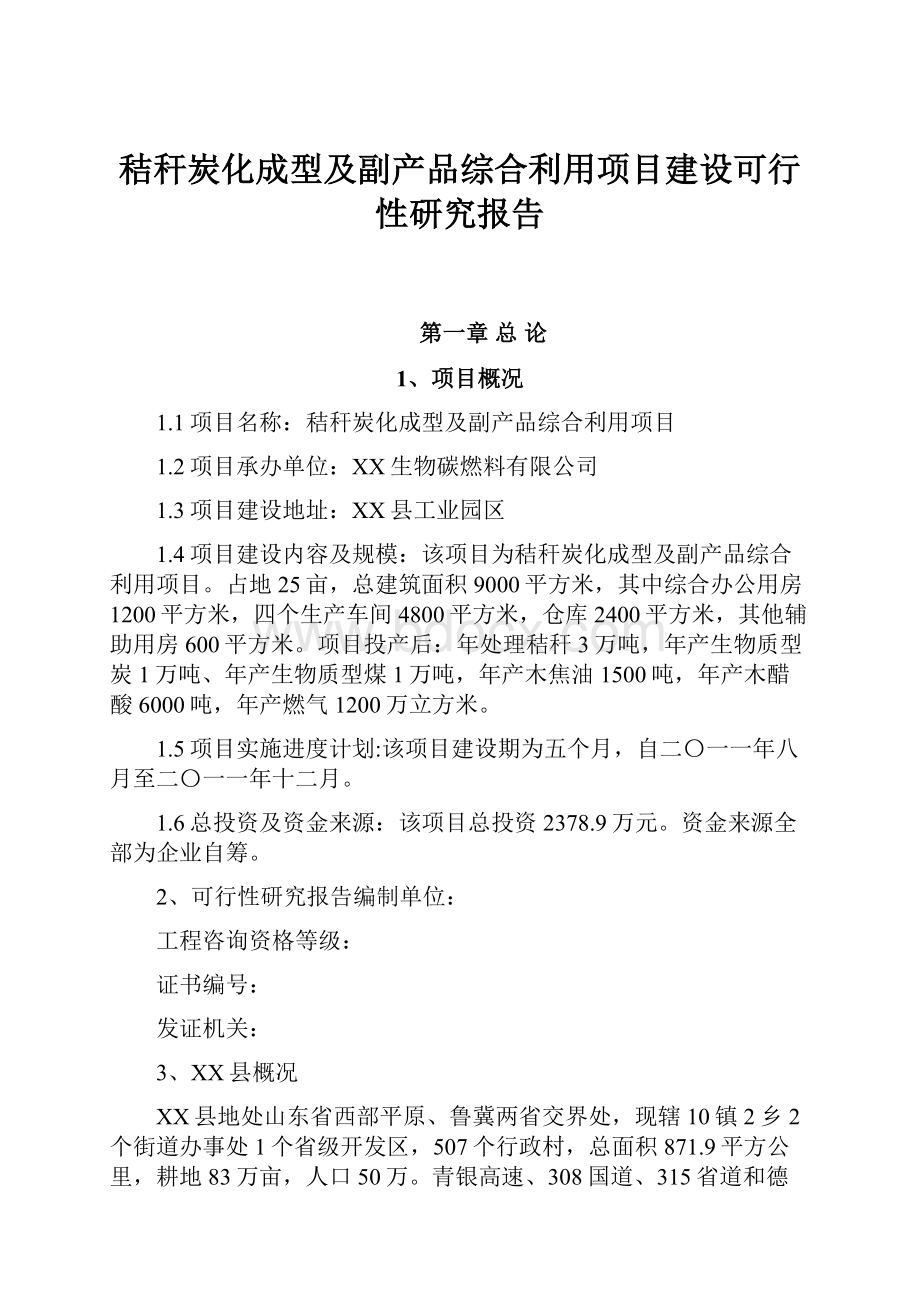 秸秆炭化成型及副产品综合利用项目建设可行性研究报告.docx