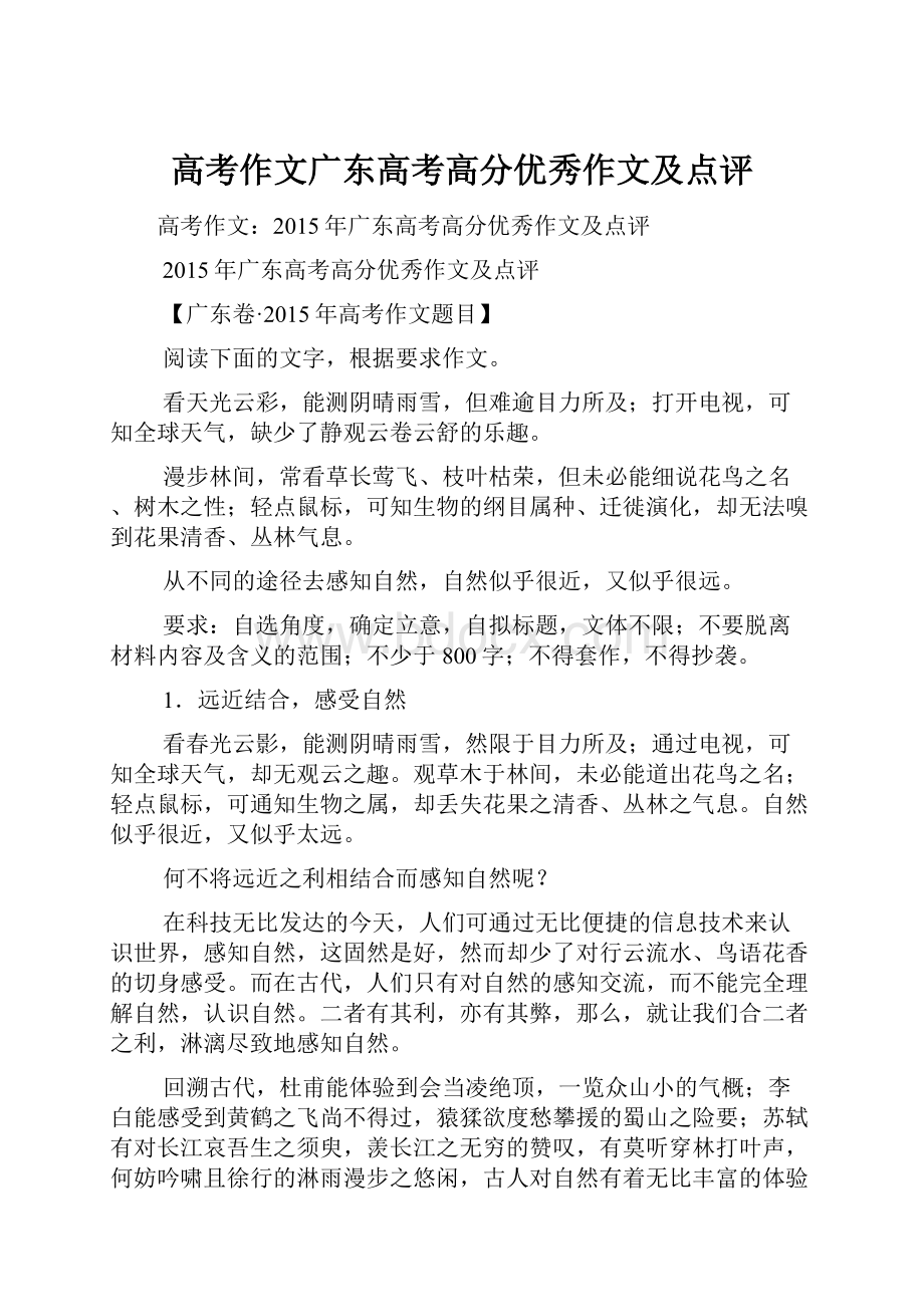 高考作文广东高考高分优秀作文及点评.docx